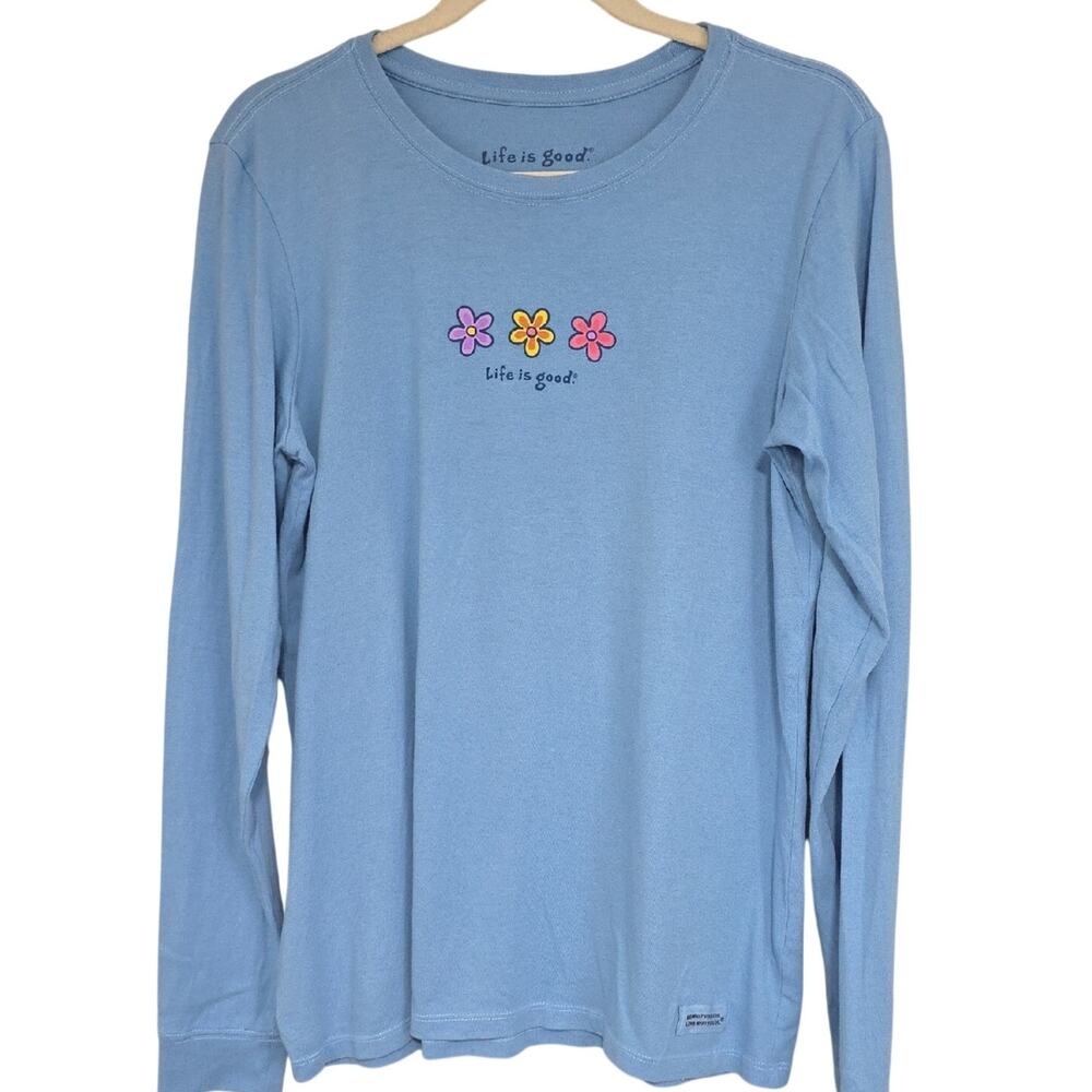 Life Is Good Vintage Womens Sz M Light Blue LS Tee Colorful Flower Trio Graphic